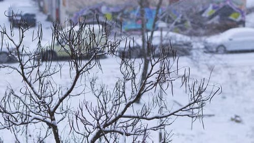 Cloudy winter weather and snowfall in an urban environment