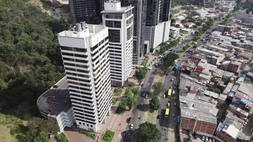 Drone shot buildings and street around the city of Bogota, Colombia