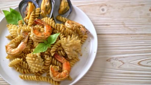 Plate of Delicious Seafood Pasta Overhead