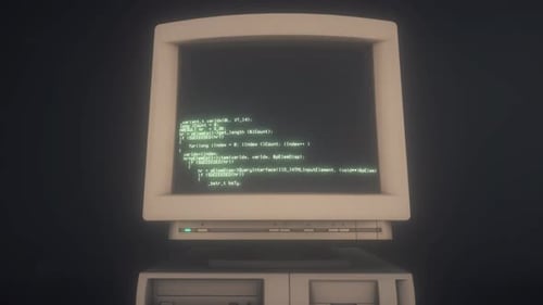 Gros plan d'un ancien écran d'ordinateur avec code à l'écran sur la table dans un bureau des années 90