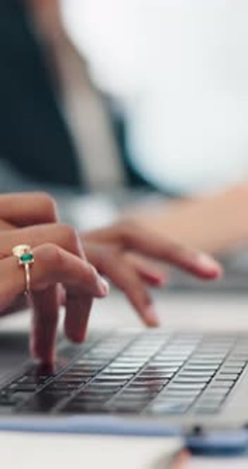 Office, employee and hands with laptop, typing and data entry of digital reports and administration