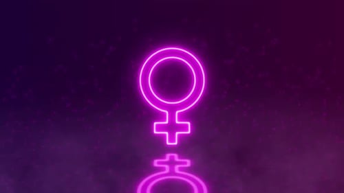 Glowing Neon Female Symbol Animation. Vibrant Motion Graphic with Particle Background