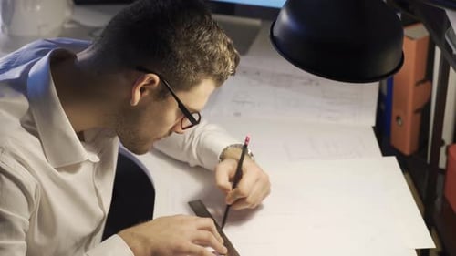 Der Ingenieur hat es satt, spät in der Nacht zu arbeiten. Arbeit an Architekturzeichnungen.