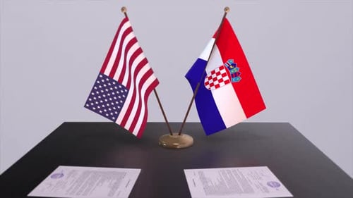 Croatia and USA at the negotiating table, a diplomatic deal. Business and politics animation