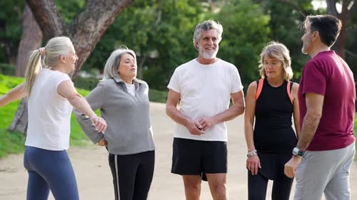 Group of Active Seniors Stretching Together in the Park Before a Run