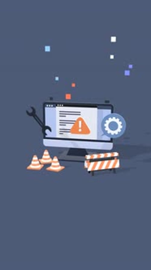 Animación vertical de un sitio web en mantenimiento con alertas de error y señales de advertencia.