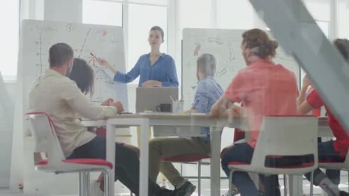 Confident businesswoman presenting project to colleagues inside modern office