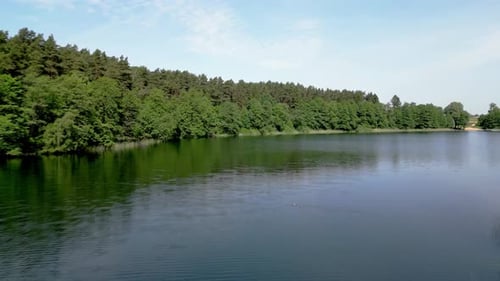 Drone view of a forest by a lake, flying low over the water