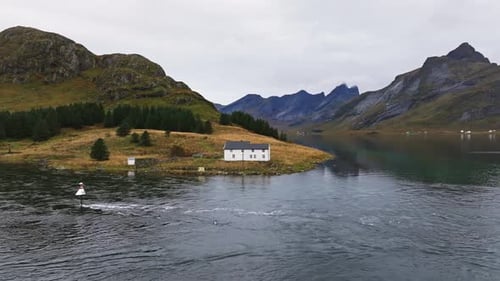 Atmospheric House Near Water Of Lofoten Archipelago During Misty Summer In Norway Aerial Shot