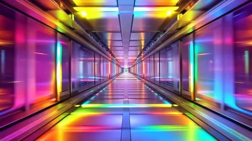Futuristic Sci Fi Glass Corridor with Vibrant Neon Rainbow L