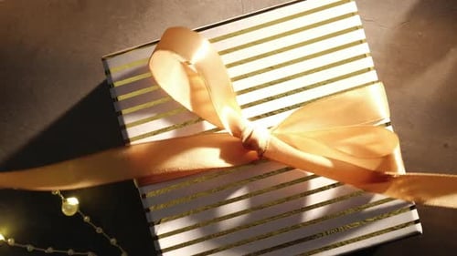 Wrapped Present with Gold Ribbon and Lights
