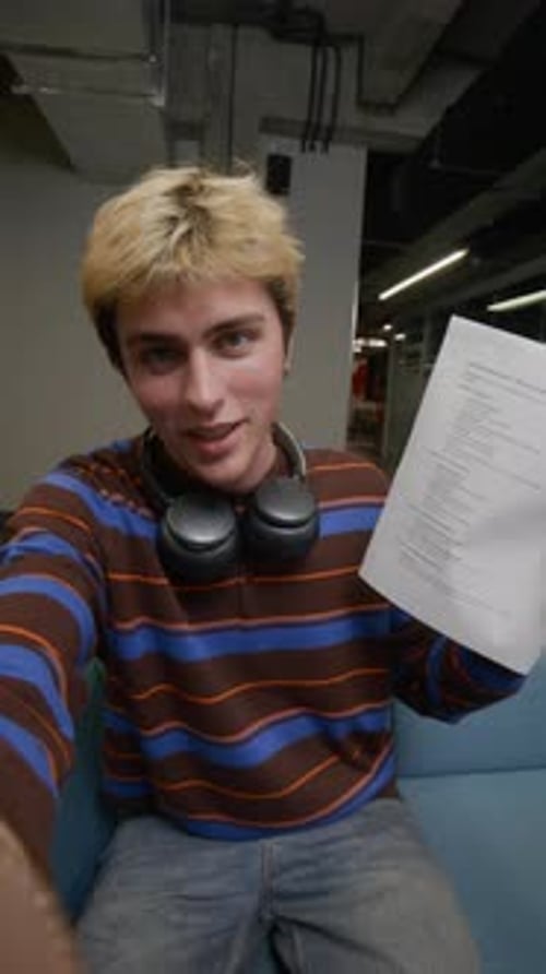 Happy Teenage Boy Showing Test Paper while Talking on Video Call Indoors