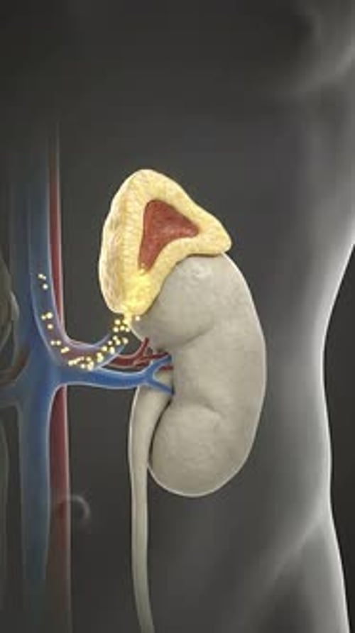 3D Medical Animation of Adrenal Gland Hormones Entering Kidney