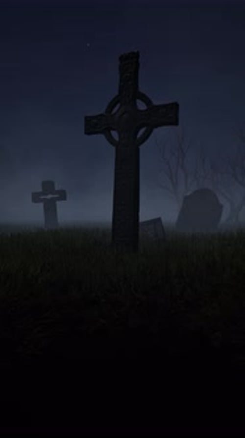 View from the grave of an old cemetery in ruins. Halloween, 3D rendering.