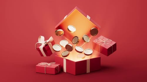 Red Gift Box Opening with Floating Golden Coins Reveal