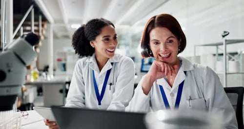 Women, partner and scientist in laboratory with discussion, laptop and tablet for results