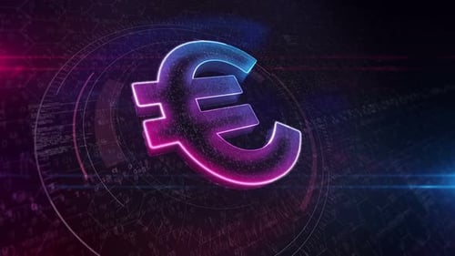 Neon Euro Symbol Rotating in a Futuristic Digital Environment
