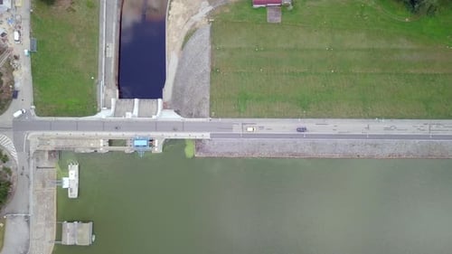 Hydroelectric Dam, Aerial footage showing both sides with cars passing