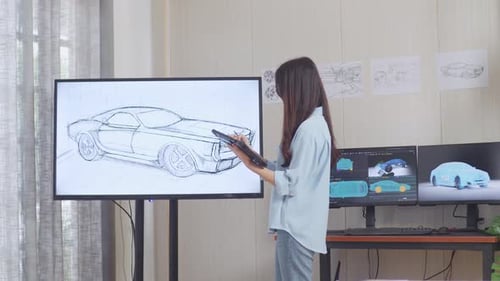 Side View Of Asian Female Comparing Her Car Design On A Tablet To The Photo On Tv While Working