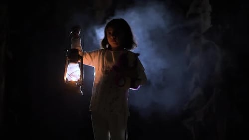 A lonely little girl is walking through a foggy and misty forest at night with a lantern in winter