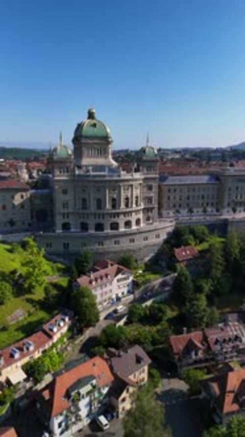 Federal Palace Swiss Parliament Building in Bern, Switzerland landmark aerial drone
