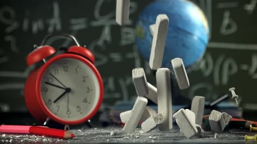 School Chalk Falls on the Desk Filmed on a Highspeed Camera at 1000 Fps