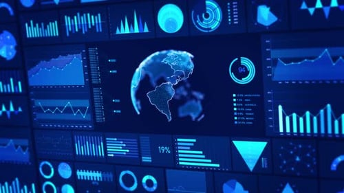 Painel de análise avançada de dados exibe elementos infográficos futuristas da interface de usuário do HUD