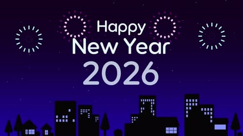 City silhouette background with animated fireworks celebrating new year. In the navy night sky