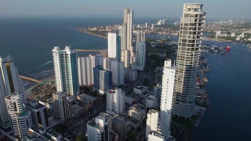 Cartagena, Colombia. Aerial View of Bocagrande Hotels, Towers and Street Traffic