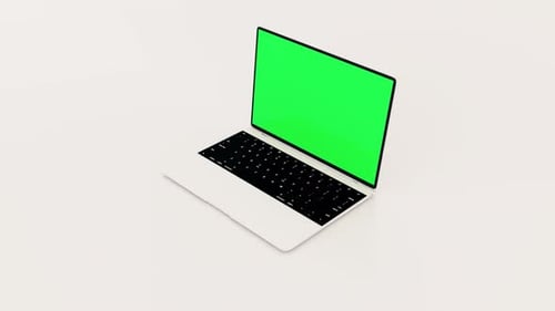 Green screen laptop opens on a white background