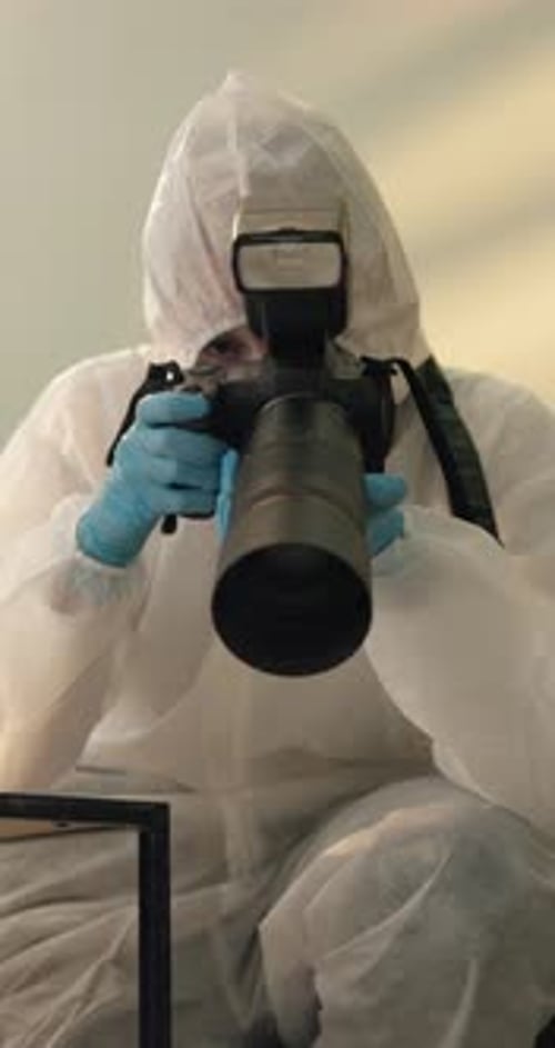 Person, home and forensic photographer for evidence at crime of burglary