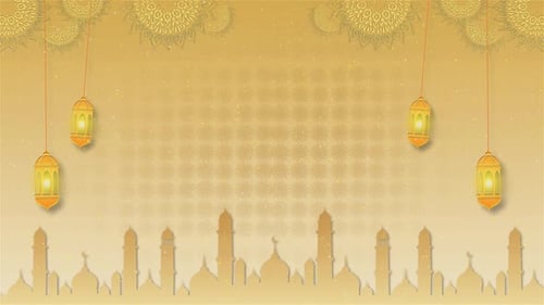 Ramadan Eid Festival Background with Islamic Lanterns and Mosque Silhouette