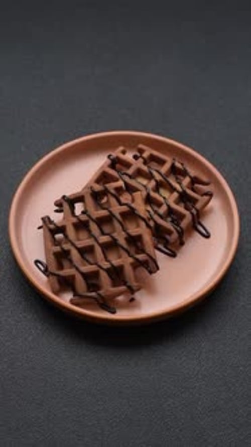 Chocolate Waffles with Drizzle on Plate, Dessert Concept