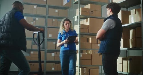 Female Logistics Supervisor with Tablet Computer Talks to Colleagues Gives Instructions for Delivery