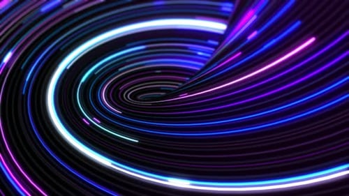 Abstrakte Energie, lila, mehrfarbige, wirbelnde, geschwungene Linien glühender magischer Streifen