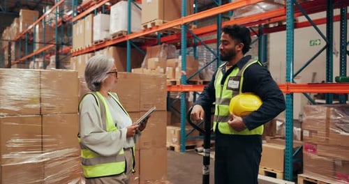 People, shaking hands and tablet for logistics in warehouse with supply chain