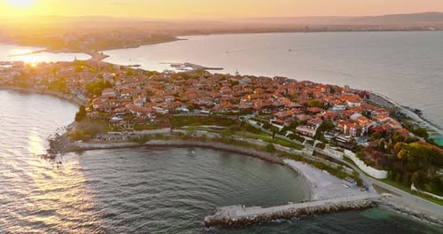 Aerial drone view of the old town Nessebar, Bulgaria at sunset