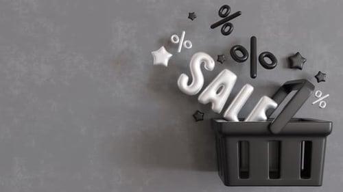3D Shopping Basket Animated Sale Text and Floating Percentage Signs