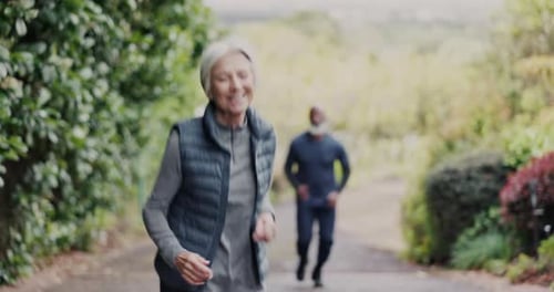 Senior couple, running and fitness on road in nature for workout, training