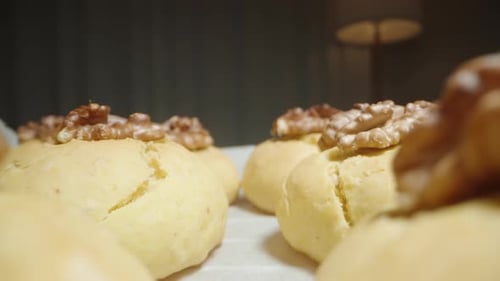 Homemade Cookies with Walnuts Just Out of the Oven. Dolly slider extreme close-up.
