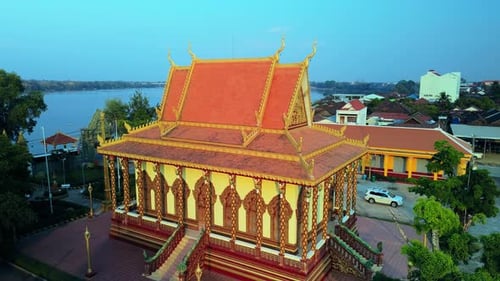 Typical Khmer pagoda during late afternoon sun on the banks of the river Mekong, Stung Treng, Cambod