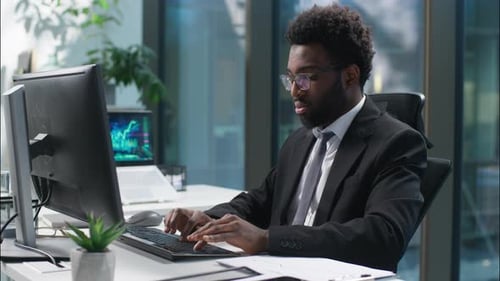 Confident Happy African American Man Working Typing Computer Pc Manager Office Worker Male Looking