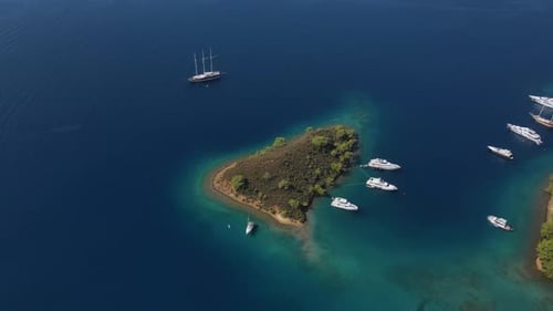 Un groupe aérien de yachts est amarré dans une baie avec une petite île au milieu