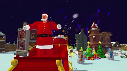 Santa in Sleigh Flying Through Snowy Christmas Village