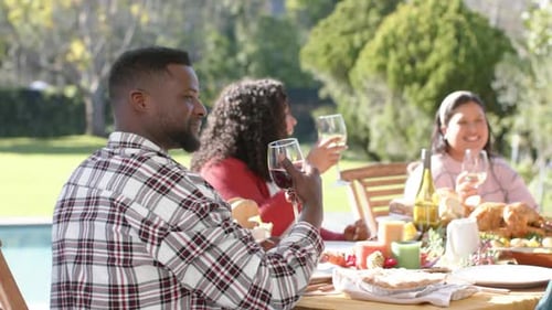 Happy diverse male and female friends toasting on celebration meal in sunny garden