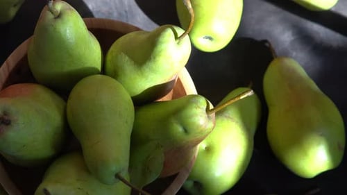 Pariser Birnensorte: Früchte auf dem Tisch, Herbsternte, Birnen, Ansicht von oben