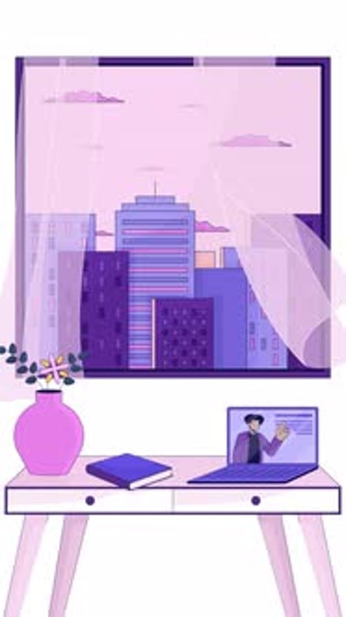 City view window desk setup with laptop webinar transparent overlay animation