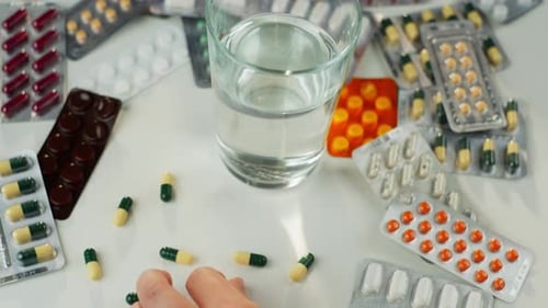 Pills in Hand with Water on White Surface