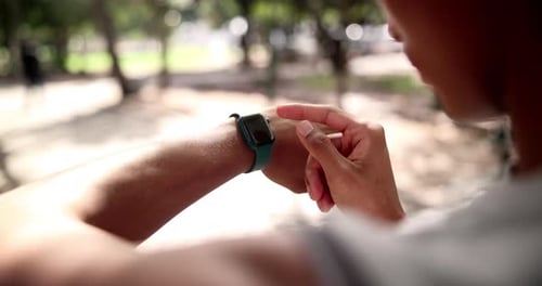 Fitness, hands or runner in park with smart watch for heart rate to monitor training