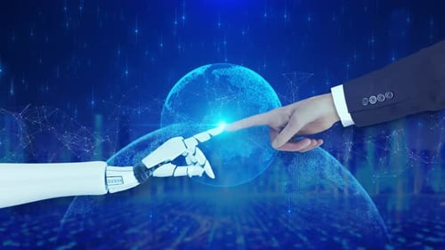 Human and Robot Hands Touching Digital Earth Connection